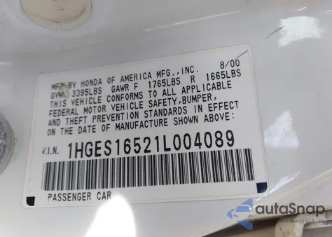 2001 Honda Civic Lx from USA, damaged, VIN 1HGES16521L004089